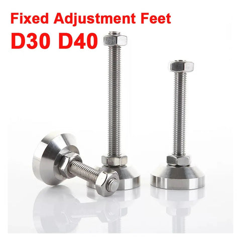 Heavy Duty Adjustable Furniture Leveling Feet Swivel Base Pads Beat Table Wobble Fast Quick Height Range One To Two Point Five Inches Tilts Sixty To Ninety Degrees Flat Out Rough Floors Smooth M6 Thread Snap In Two Piece Set with fixed stainless steel adjustment feet.