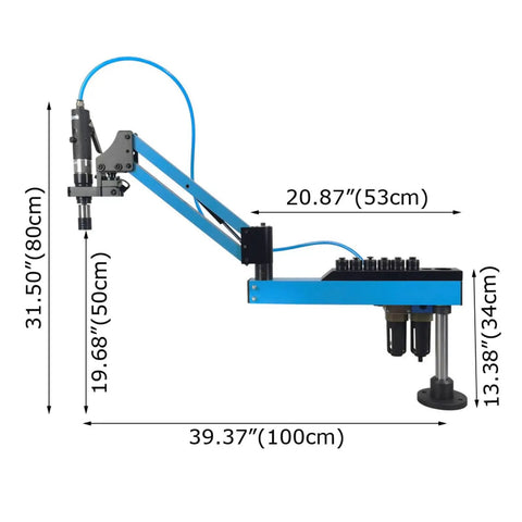 Universal 360 Degree Pneumatic Tapping Machine With Flexible Arm For M3 To M12 Threading, dimensions shown in illustration