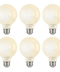 Six-pack of G25 LED Globe Vanity Light Bulbs, dimmable 60W equivalent, E26 base, filament frosted glass, 2700K soft white, round shape.