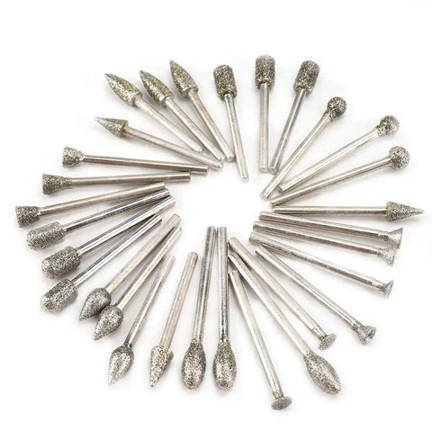 30 pcs Diamond Grinding Burr Bit Set For Rotary Tools arranged in a circle, featuring one-eighth inch shank diamond coated burrs.