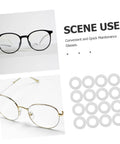 Eyeglass Frame Gaskets And Metal Flat Washers Must Have Kit With 200 Pcs Replacement Screws For Rimless Glasses Quick Repair And Durable Maintenance For Long Lasting Eyewear Life, showing two rimless eyeglasses next to washers.