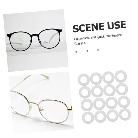 Eyeglass Frame Gaskets And Metal Flat Washers Must Have Kit With 200 Pcs Replacement Screws For Rimless Glasses Quick Repair And Durable Maintenance For Long Lasting Eyewear Life, showing two rimless eyeglasses next to washers.