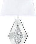 Dope Glam Crystal Bead Mirrored Glass Table Lamp, 30 Inch, Silver Finish, Crystal Sparkle Beads, Rectangular White Shade