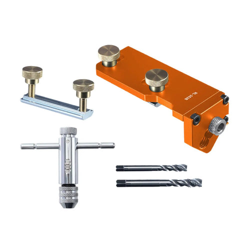 Effortless Aluminum Extrusion Drill Jig For Straight Up Precision Tapping And Metal Projects Quick Setup With Universal Fit and Zero Extra Hardware, includes orange frame and hardened steel guides.