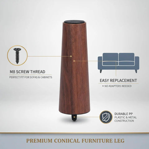 Mid Century Style Tapered Cone Furniture Leg With M8 Thread Durable PP Plastic Replacement Leg For Sofa Cabinet And Ottoman