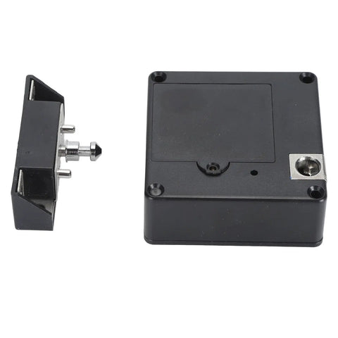 Seamless NFC Electronic Drawer Lock With Discreet Invisible Cabinet Mount showing a compact black lock mechanism.