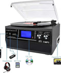 DigitaNow Nine In One Turntable With Speakers 3 Speed Records Player Cd Cassette Radio Bluetooth Aux Usb And Sd Card Support For Vinyl Lovers Black Finish Vintage Style Home Audio System showcasing controls and connections.