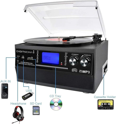 DigitaNow Nine In One Turntable With Speakers 3 Speed Records Player Cd Cassette Radio Bluetooth Aux Usb And Sd Card Support For Vinyl Lovers Black Finish Vintage Style Home Audio System showcasing controls and connections.