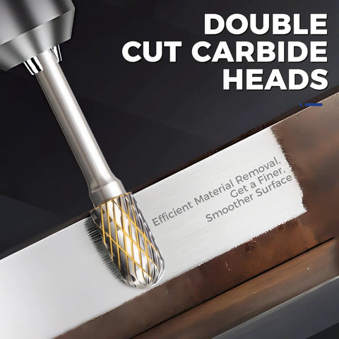 Close-up of a double cut carbide burr from Sweet Spot Five Piece Long Carbide Burr Set With Quarter Inch Shanks for precise material removal.