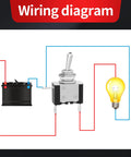 Wiring diagram for 12V DC 20A Lighted Toggle Switch 3 Pin On Off SPST LED Illuminated with battery and light bulb connections.
