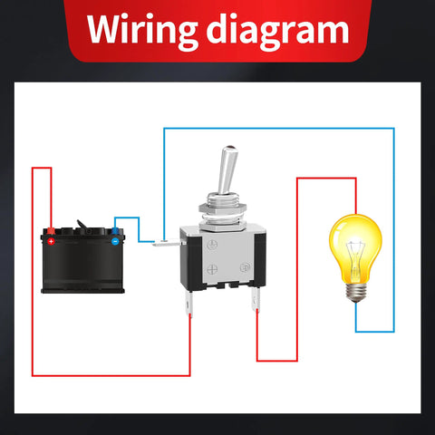Wiring diagram for 12V DC 20A Lighted Toggle Switch 3 Pin On Off SPST LED Illuminated with battery and light bulb connections.
