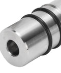 Close-up of 20mm stainless steel bench dog with rubber connectors for MFT T Track workbenches precision positioning column clamp.