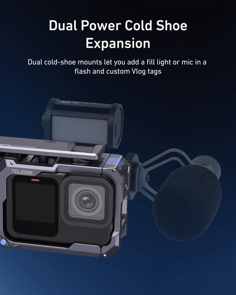 GoPro Hero 9 10 11 12 13 Street Grip Kit With Metal Rabbit Cage And Seesaw Design Aluminum Alloy Shell shown with mic attachment