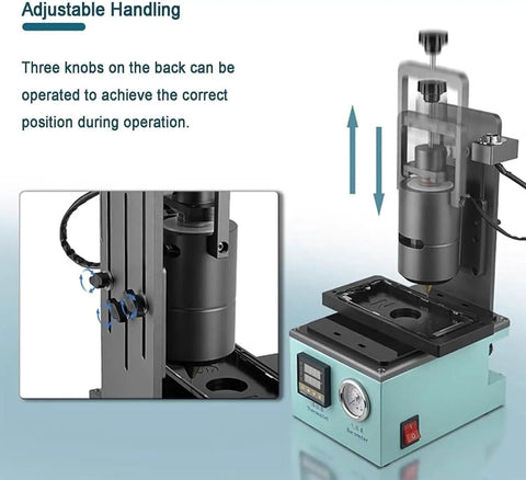 Semi Automatic Hot Melt Adhesive Dispenser With Positioning Molds And Foot Switch For Precise Electronics Assembly Great For Diy Projects And Pro Jobs showing adjustable handling knobs