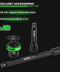 Shallow Magnetic Impact Socket Set For Three Eighths Inch Drive, featuring 3/8" impact universal joint and 3" 6" extension bars