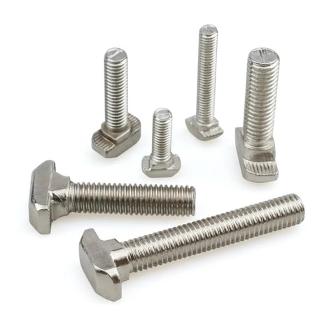 Nickel Plated Steel Hammer Head T Bolts M5 To M10 For 20 30 40 45 Aluminum Profile Connectors in various lengths and sizes.