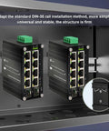 Heavy Duty 24V Passive PoE Switch with Eight Ports and Two SFP Slots installed on DIN rail