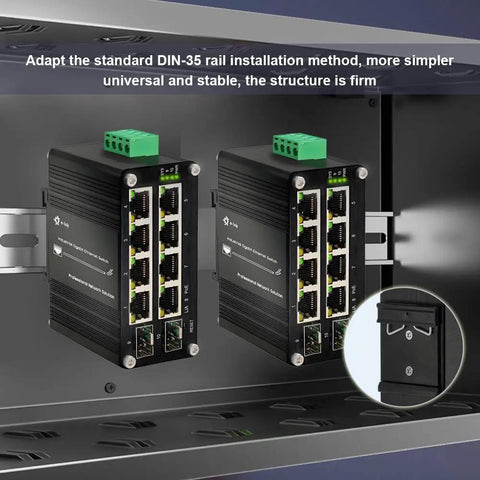 Heavy Duty 24V Passive PoE Switch with Eight Ports and Two SFP Slots installed on DIN rail