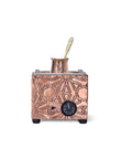 Copper Turkish Sand Heating Coffee Maker with Square Geometric Design showing its front view with an electric control knob.
