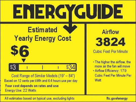 ENERGYGUIDE showing estimated yearly energy cost of $6 for Slick 48 Inch Matte Black Flush Mount Ceiling Fan With Light.
