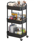 3 Tier Plastic Rolling Utility Cart With Handle For Office Kitchen And Living Room, filled with jars and paper towels, on wheels