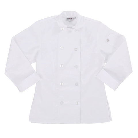 White Le Mans Style Women’s Chef Coat With Side Seam Slits For Maximum Mobility, Durable Polyester Blend, Tailored Fit