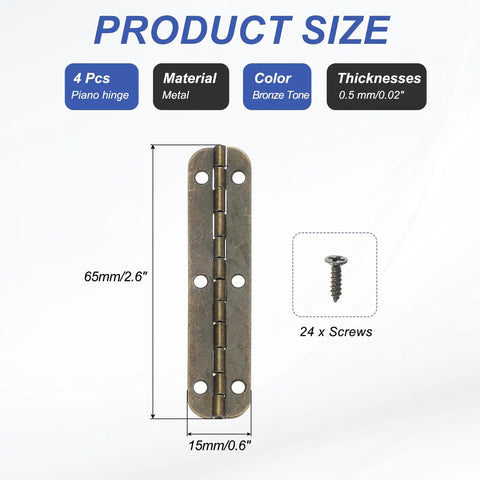 Top Shelf Rock Solid 180 Degree Mini Piano Hinges For Small Jewelry Wooden Boxes With Screws Dead Smooth Operation Heavy Duty Metal Craft Hardware Bronze Tone Pack Of Four, 65mm by 15mm dimensions.