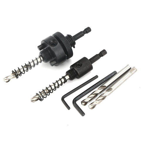 JIECHENG 6-piece hole saw arbor set with 1/4-inch hex quick-change arbors; includes hex wrenches and bits