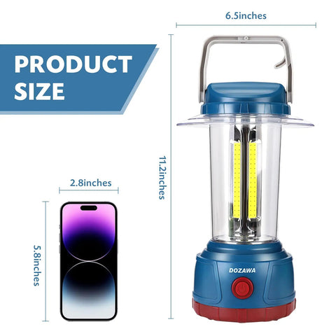 Beast Bright 3000 Lumen LED Camping Lantern shown next to smartphone, showcasing size comparison; 11.2 inches tall, 6.5 inches wide.