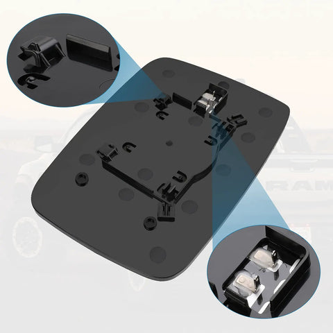 Driver Side Heated Mirror Glass Replacement For 2009-2018 Ram 1500 2500 Left Exterior Convex Mirror With Backing Plate And Built In Heating Ice Melt Fog Free Vision No Fuss Install, detailed view of mounting clips and heating elements.