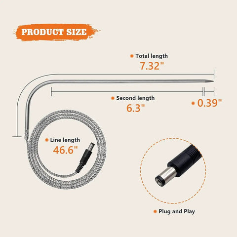 Two Pack Meat Probe Replacement Kit With Thermometer Holder Clip For Recteq Wood Pellet Grills, probe size details with plug