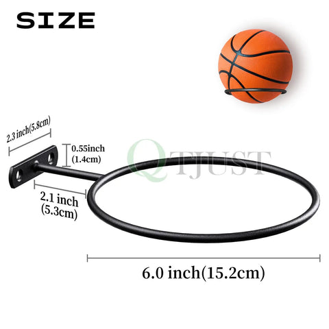 Heavy Duty 4 Pack Wall Mount Ball Rack Set Universal Metal Storage Holder For Basketball Football Volleyball Soccer Space Saving Black Racks Rust Resistant Holds Up To 30 Lbs Each Easy Mounting Screws Included - size dimensions diagram with basketball