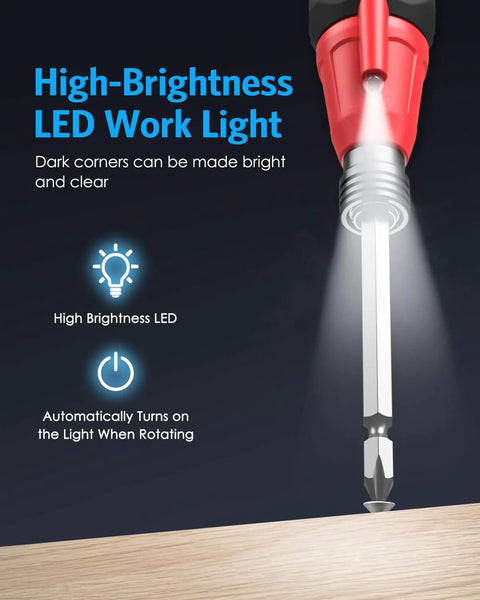 Cordless Power Screwdriver Kit With USB Cable And LED Lights illuminating a dark corner while driving a screw, showcasing high-brightness feature.