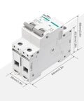 Tough Built 2P Dc Circuit Breaker 20Amp 500Volt Din Rail Mount Solar Disconnect Switch front view showing dimensions.