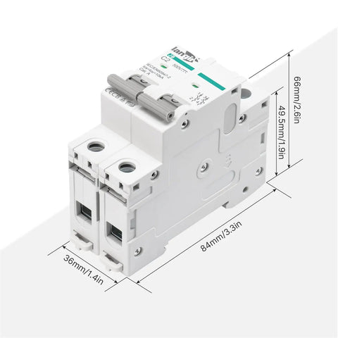 Tough Built 2P Dc Circuit Breaker 20Amp 500Volt Din Rail Mount Solar Disconnect Switch front view showing dimensions.