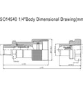 1/4 NPT hydraulic quick coupler set; high-pressure, ISO14540 body dimensional drawing with front and side views