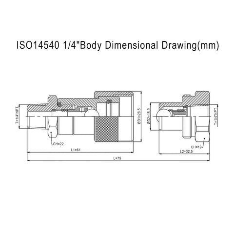 1/4 NPT hydraulic quick coupler set; high-pressure, ISO14540 body dimensional drawing with front and side views