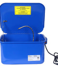 Heavy Duty Workhorse Portable Parts Washer With 110V Motor Pump And 3.5 Gallon Stainless Steel Tank, blue unit with open lid and hose.