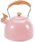 Pink Stainless Steel Tea Kettle For Stove Top 2.6 Qt Whistling Kettle With Wood Pattern Folding Handle And Thumb Control Spout