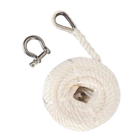 75ft Double Braid Nylon Boat Dock Line With Stainless Steel Thimble for Mooring and Towing, shown coiled with thimble view
