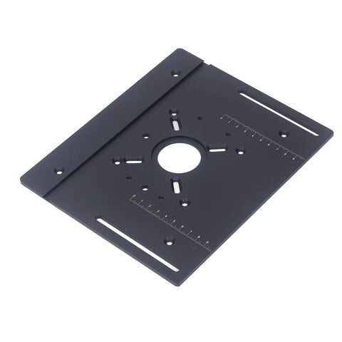 Heavy Duty Router Table Insert Plate With Manual Crank Lift Kit For Woodworking Benches features a black steel plate with multiple adjustment markings.
