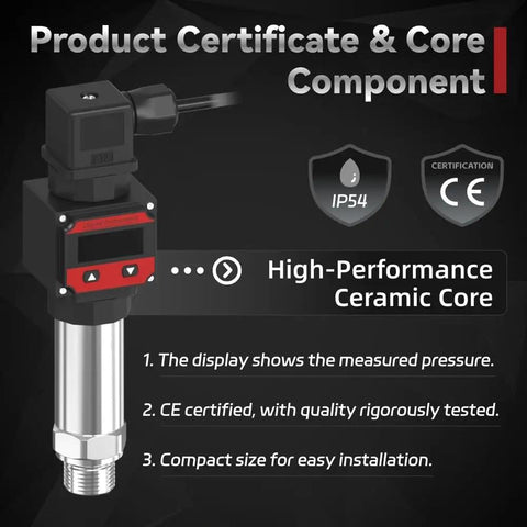 Pro Grade Digital 4-20mA Pressure Transmitter with LCD Display, IP54, CE certified, highlighting high-performance ceramic core.