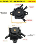 High Flow Fuel Pump Kit For Kohler Briggs Kawasaki Lawn Mower Tractor Golf Cart Replacement With Vacuum Filter showing dimensions and ports.