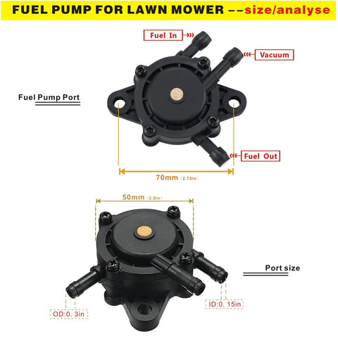 High Flow Fuel Pump Kit For Kohler Briggs Kawasaki Lawn Mower Tractor Golf Cart Replacement With Vacuum Filter showing dimensions and ports.