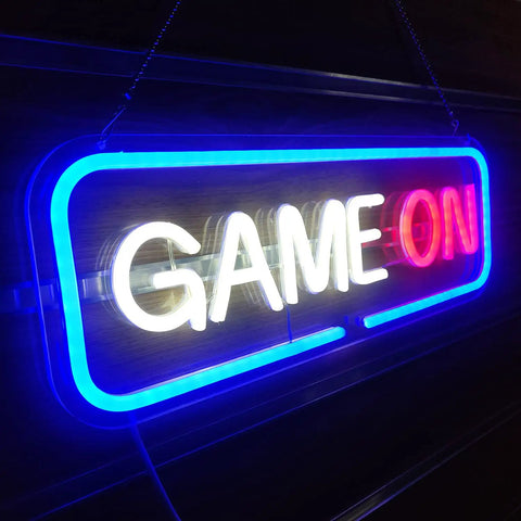 Blue Neon Gaming Sign Dimmable USB Powered Wall Decor for Game Room Bedroom and Man Cave LED "Game On" sign hanging on wall.