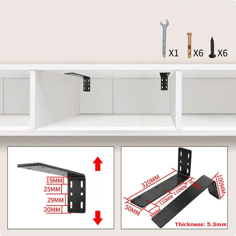 Tough As Nails 2 Pack Triangular Wall Shelf Brackets L Shaped heavy duty corner supports with tools and dimensions displayed.