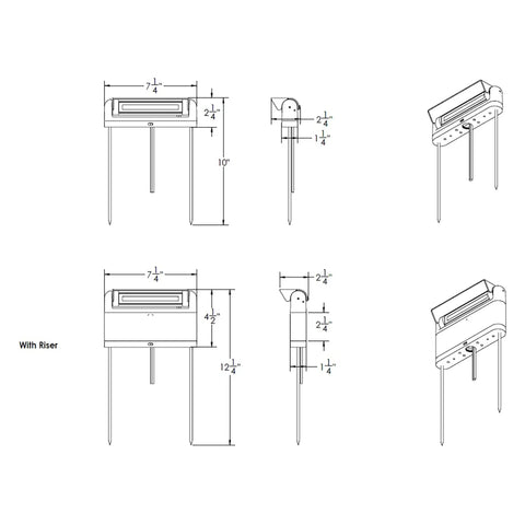Technical diagram of Linear Adjustable 12V Path And Area Light With Riser And Stem Kit, black finish, multiple mount options.