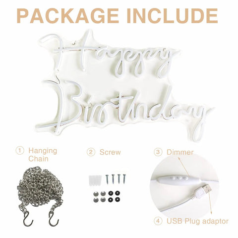 Happy Birthday LED Neon Sign 18 Inch For Backdrops And Parties, Warm White Neon Light Decor package with chain, screws, and adaptor.