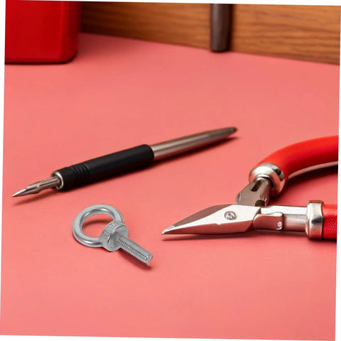 Extended Length M6 Stainless Steel Eye Bolts With Closed Ring And Through Hole For Deep Anchoring, Weatherproof And Wear Resistant, Beefy Heavy Duty Wall Hooks, Machinery Mounts, And Rugged Surfaces, M6 stainless steel eye bolt on pink surface