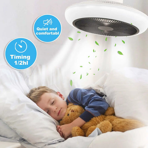 Bladeless 18 Inch Ceiling Fan With Light, Remote, flush mount low profile over sleeping child, safe and quiet design